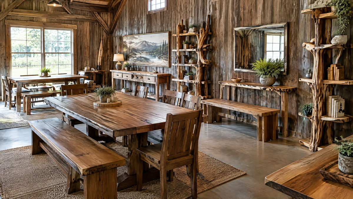 A barn-style showroom displaying newly built cabin-style solid wood tables, consoles, benches and tree bookshelves