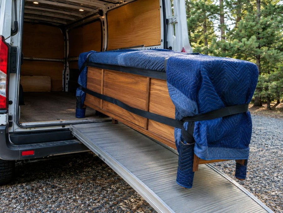 A blanket-wrapped solid wood console being loaded into a delivery van beside pine trees